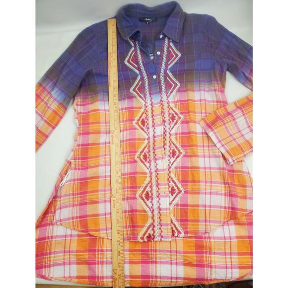 Andree By UNIT S Orange Floral Embroidered Button-Up Roll Tab Sleeve Plaid Tunic - Picture 4 of 12